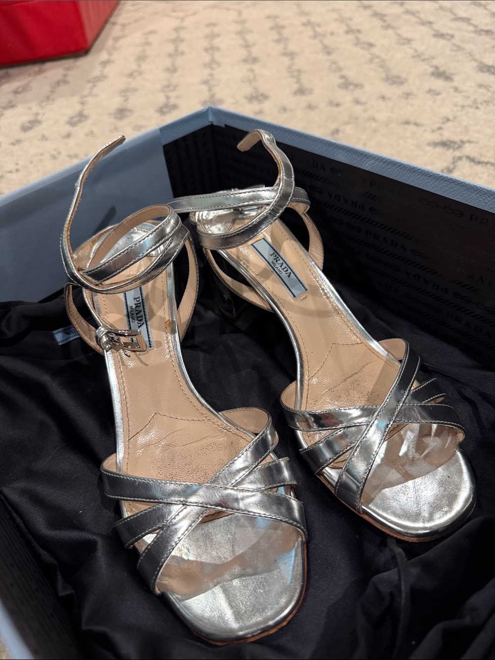Prada Metallic Silver Strappy Ankle-Heel Sandals